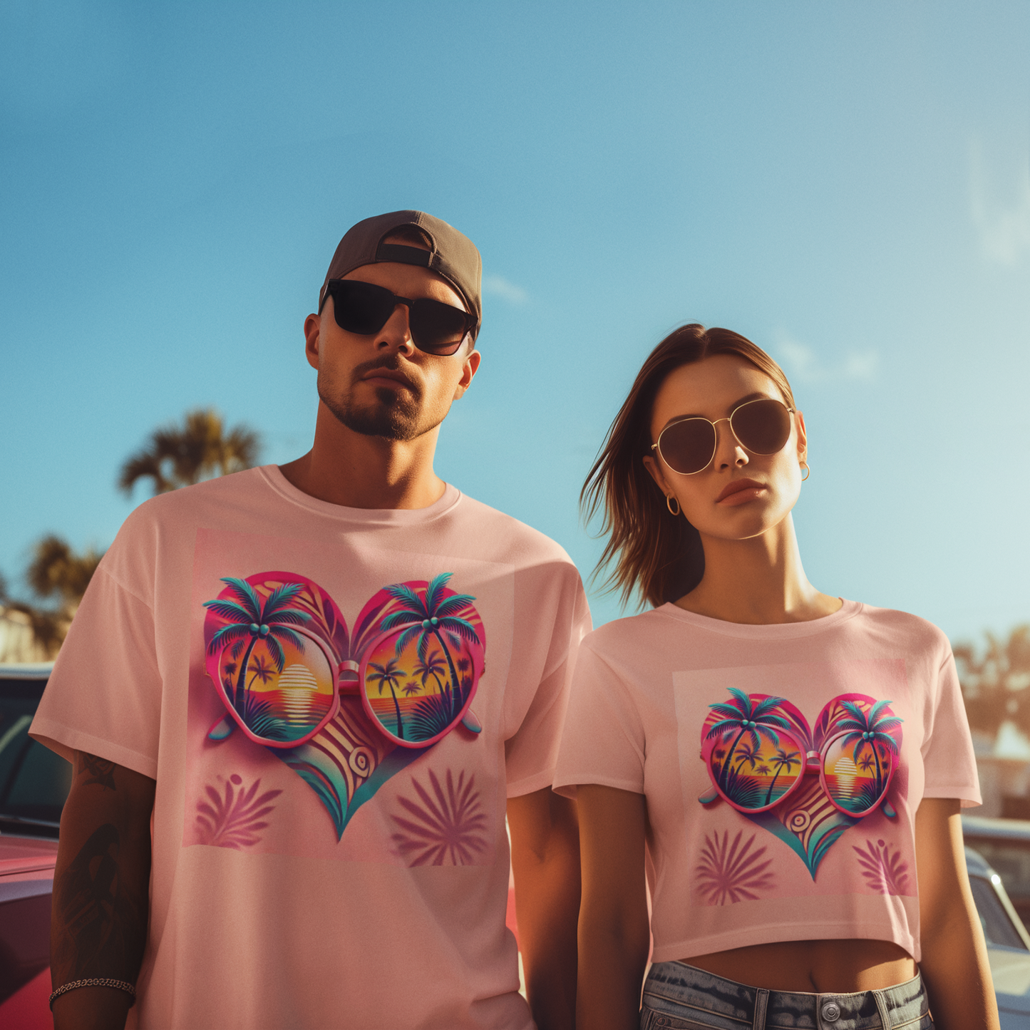 Tropical Heart Sunset Shirt – Beach Vibes Couple’s Tee & Crop Top