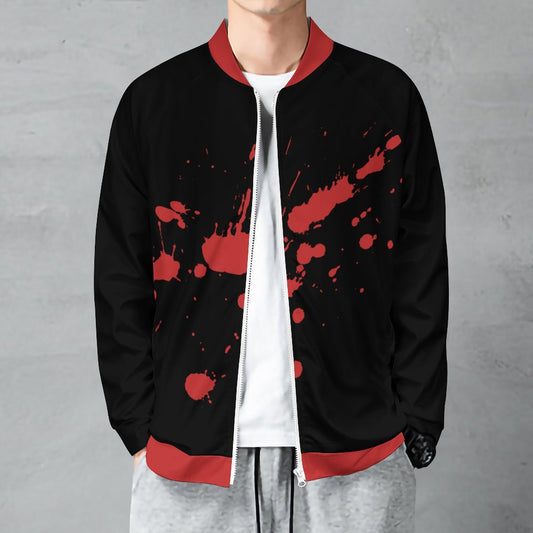 Black Bomber Jacket with Red Splatter Design – Men's Aesthetic Zip-Up