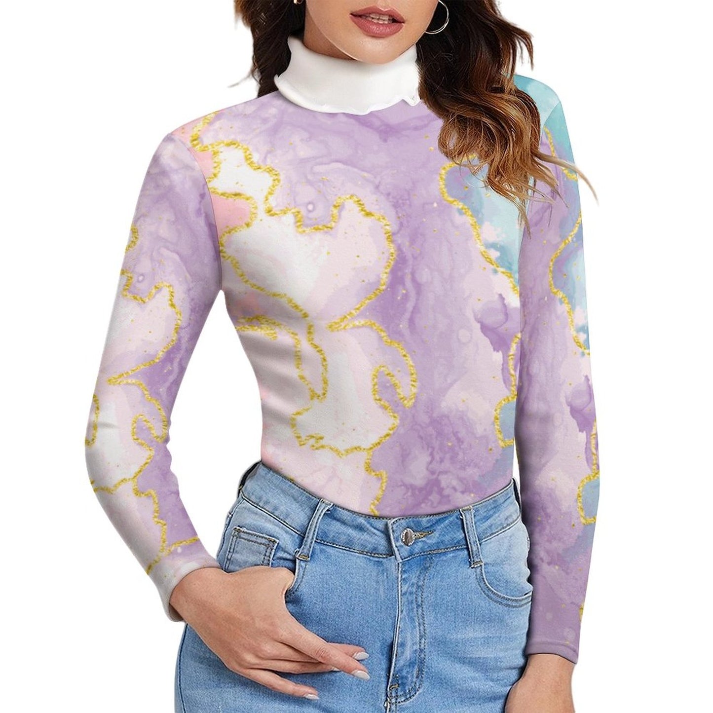 Marble Print Long Sleeve Turtleneck Sweater for Women