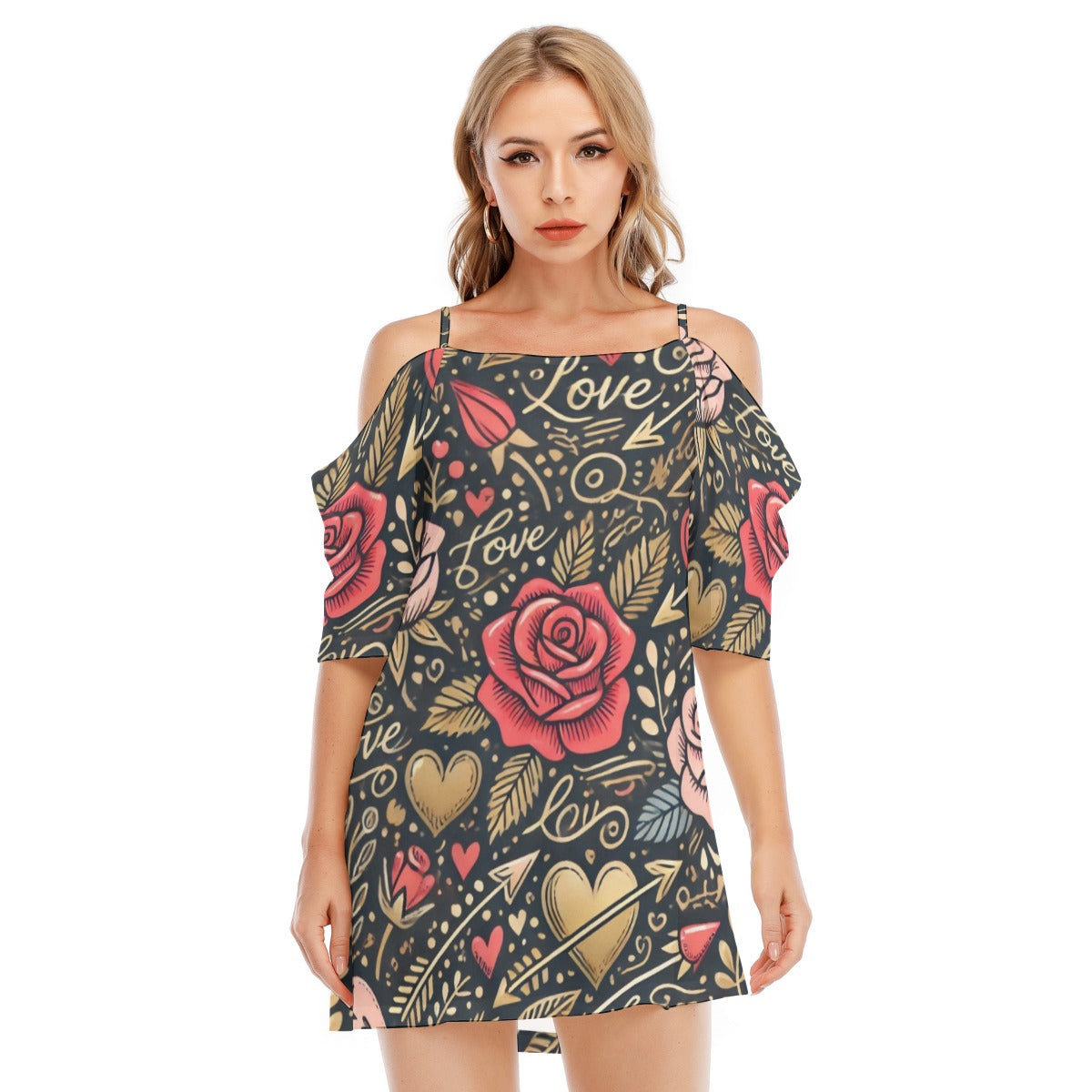 Romantic Rose Off-Shoulder Dress – Elegant & Trendy