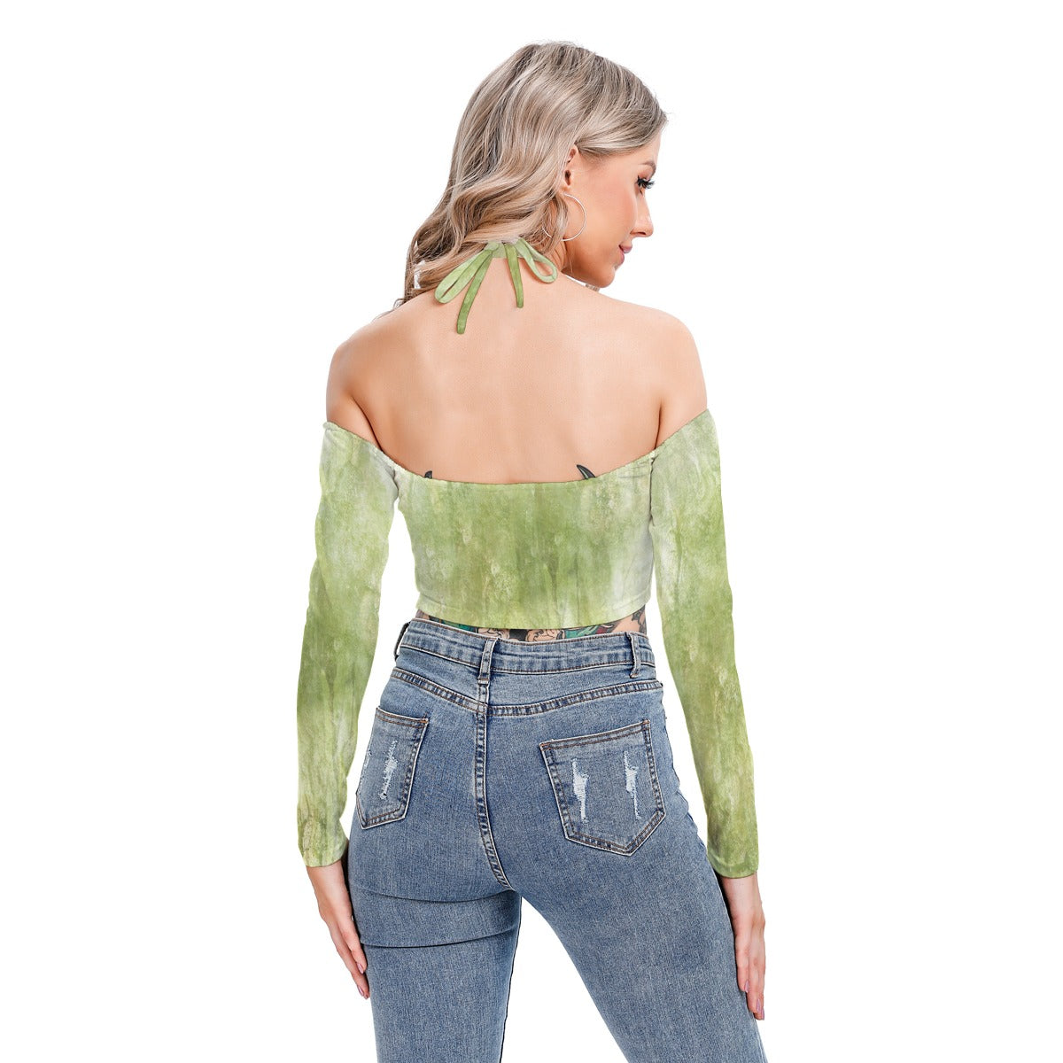 Green Tie-Dye Halter Crop Top – Off Shoulder, Trendy & Chic