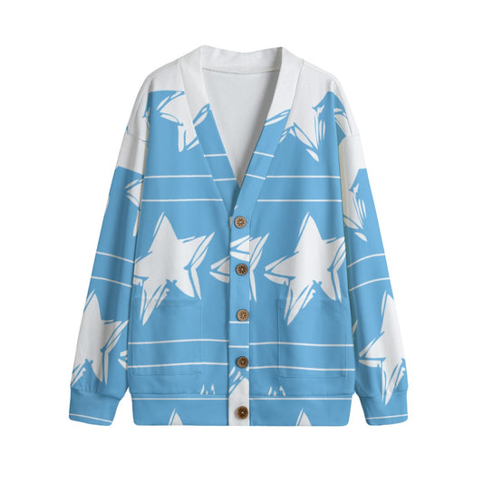 Blue Star Print Fleece Cardigan - Cozy Unisex Jacket