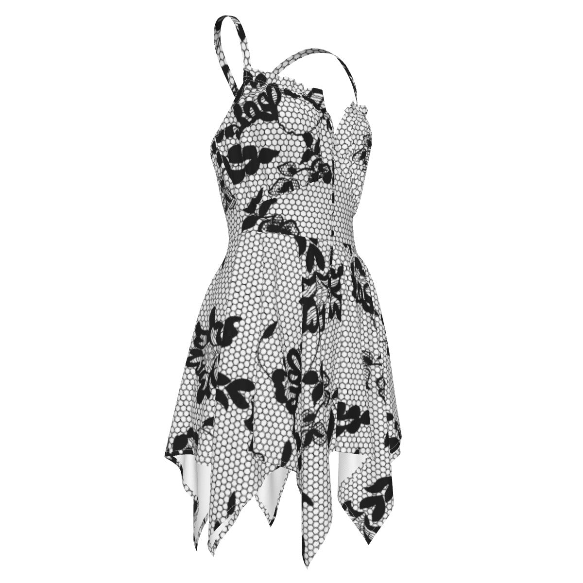 Black & White Floral Handkerchief-Hem Slip Dress