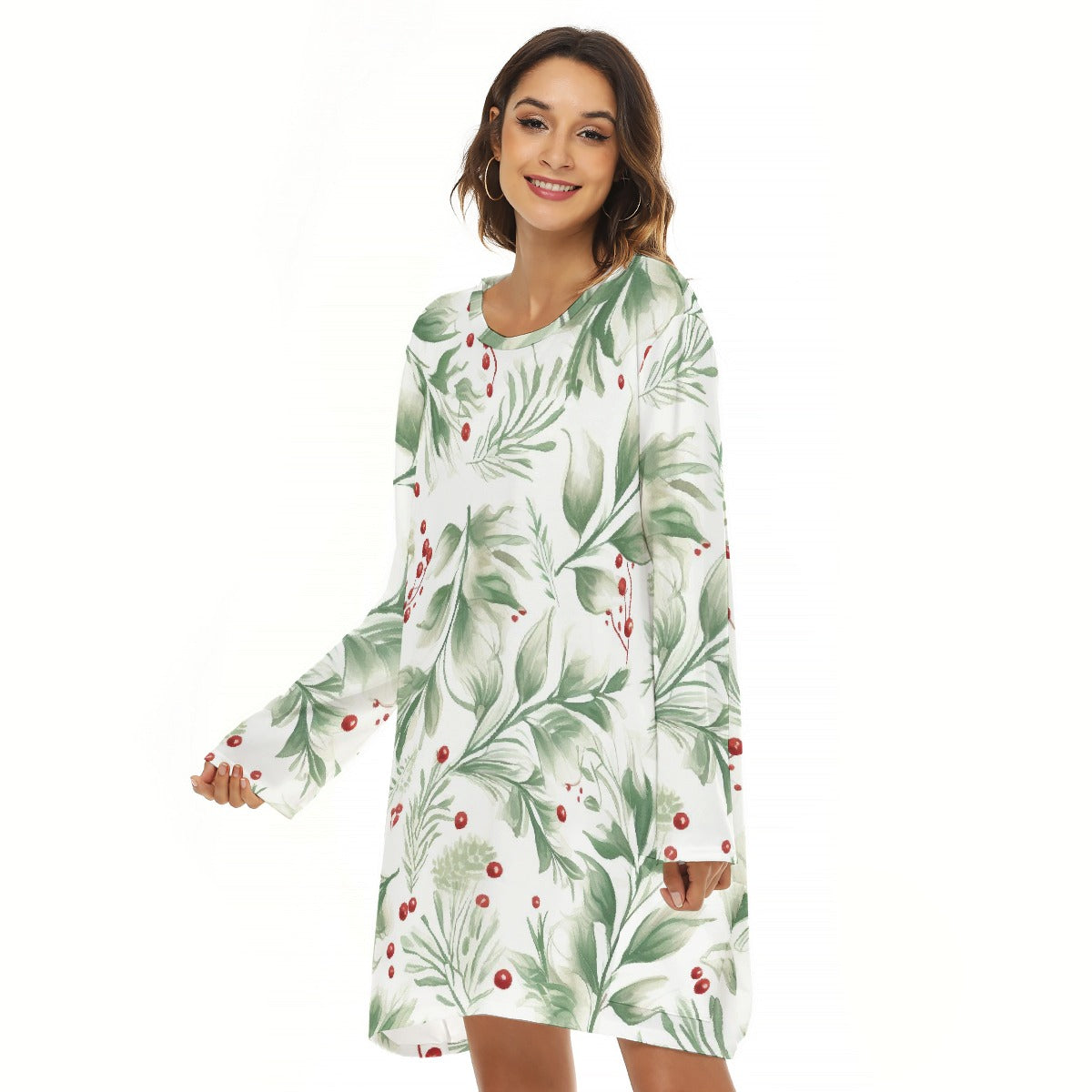 Botanical Print Loose Fit Crew Neck Dress