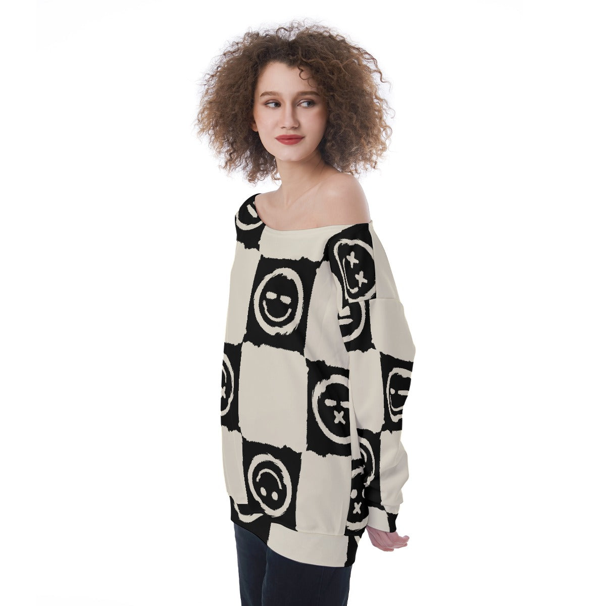 Oversized Off-Shoulder Checkerboard Sweatshirt – Abstract Print