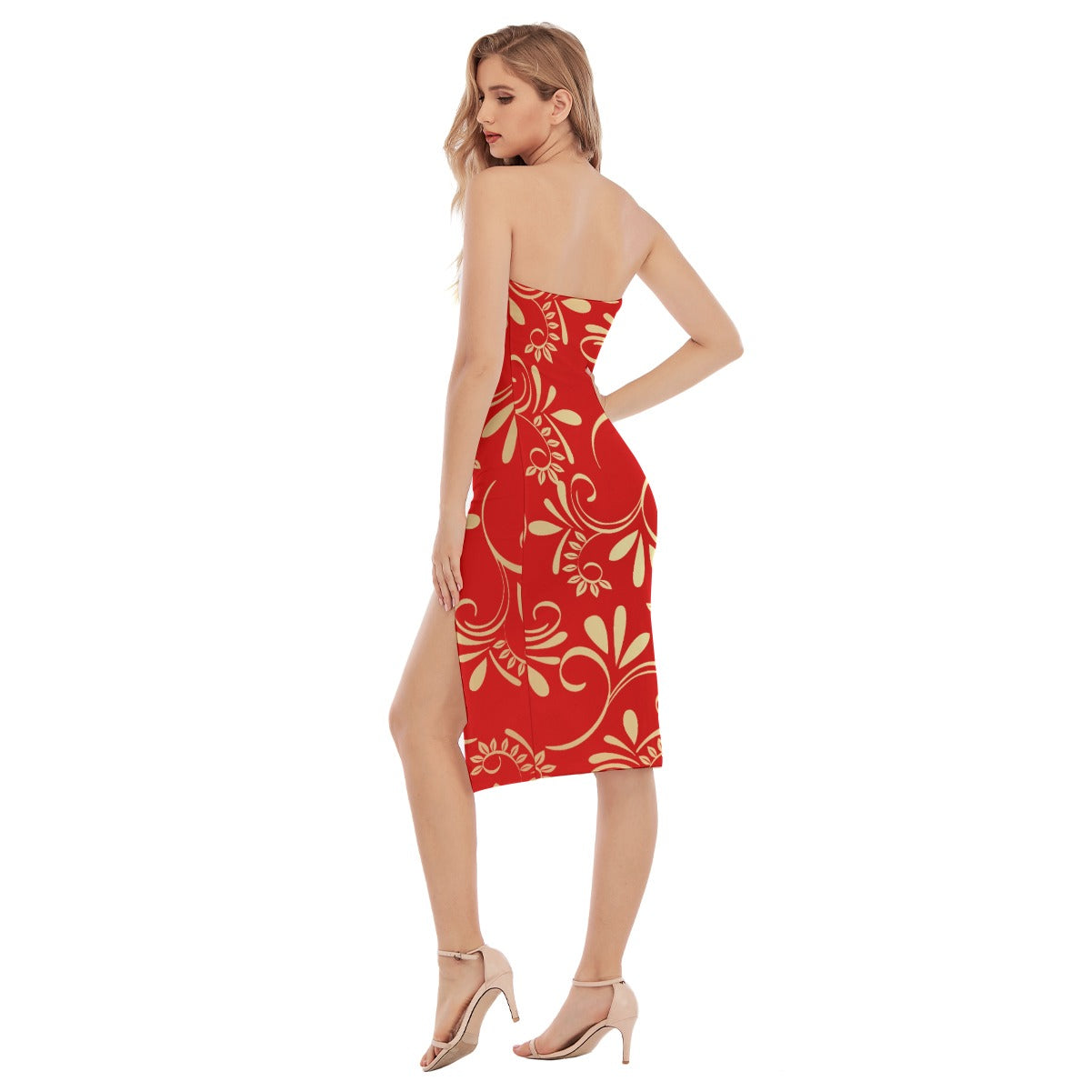 Red Floral Strapless Dress – Elegant Tube Dress with Side Slit