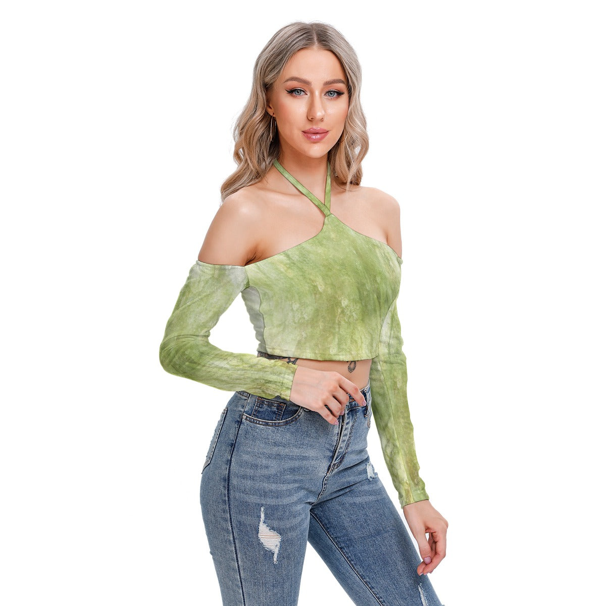 Green Tie-Dye Halter Crop Top – Off Shoulder, Trendy & Chic