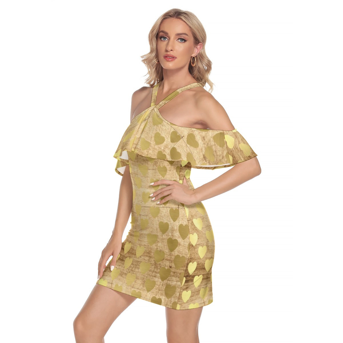 Gold Heart Off-Shoulder Ruffle Dress