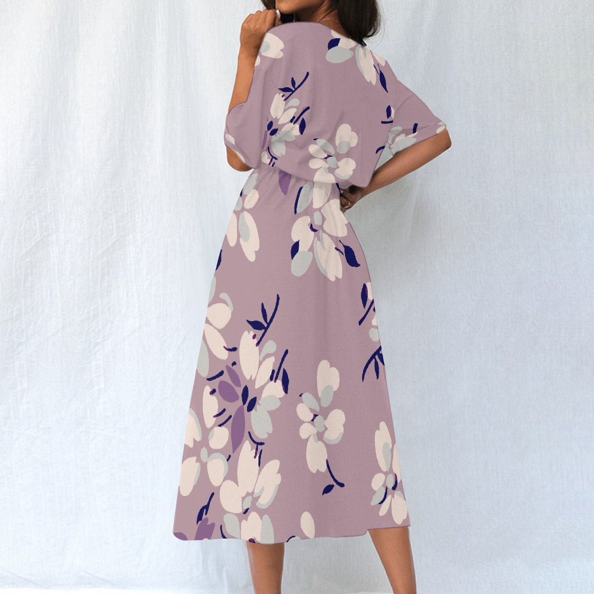 Floral Midi Dress – Elastic Waist, Pastel Purple, Casual Chic