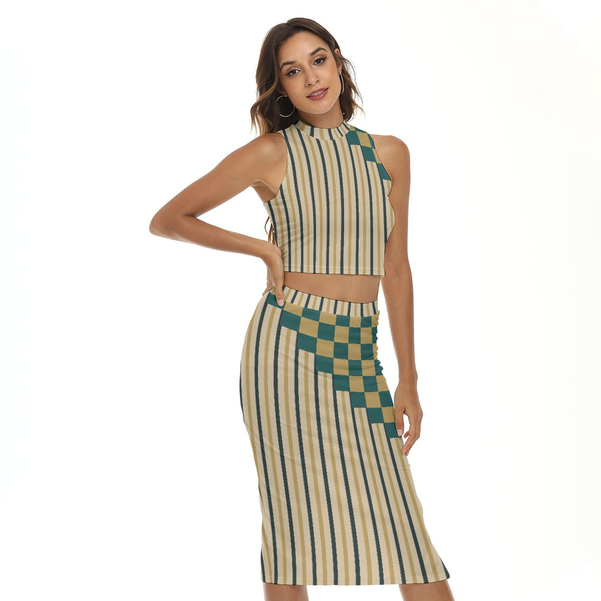 Checkered & Striped Two-Piece Set – Crop Top & High-Waist Midi Skirt