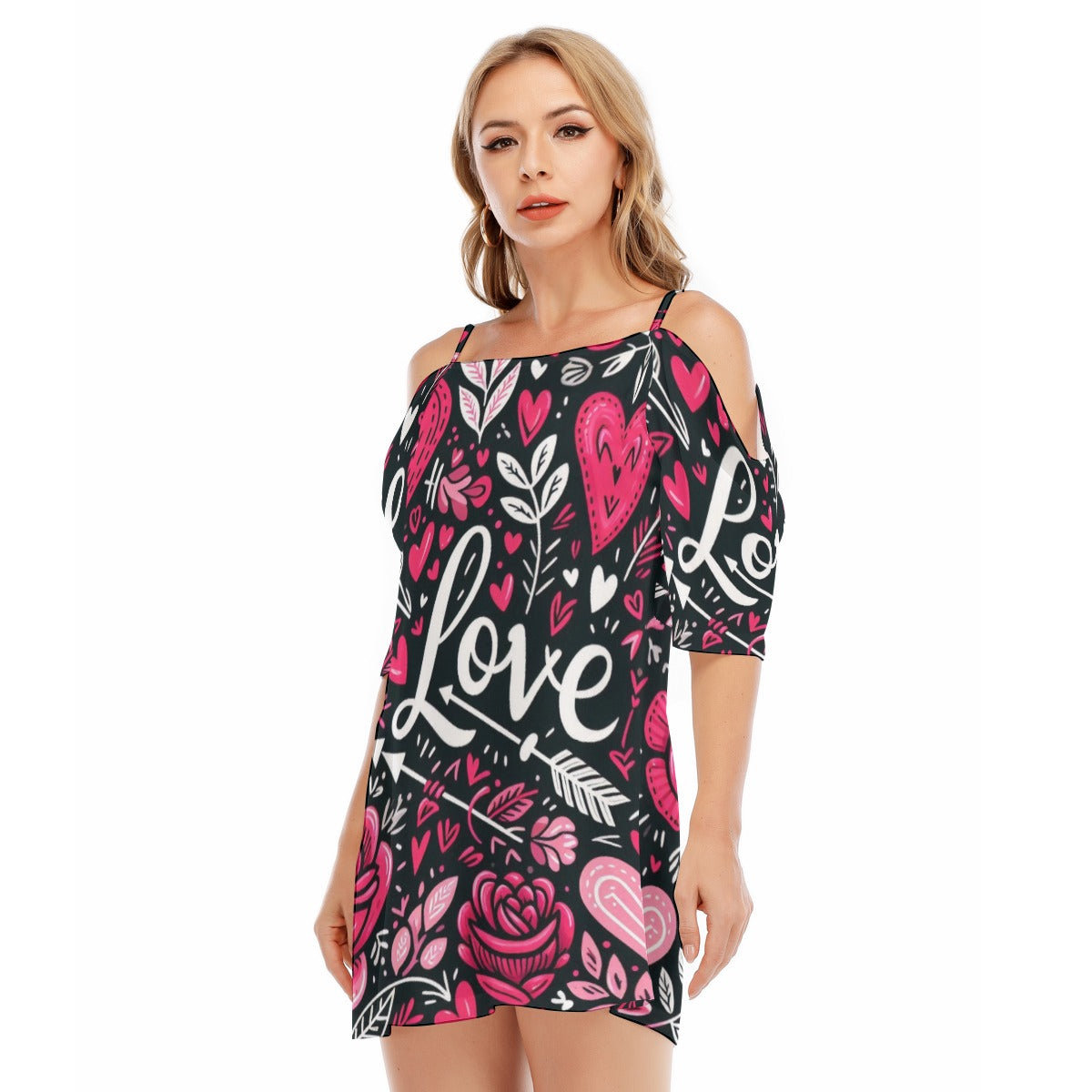 Love Print Off-Shoulder Dress – Romantic & Trendy