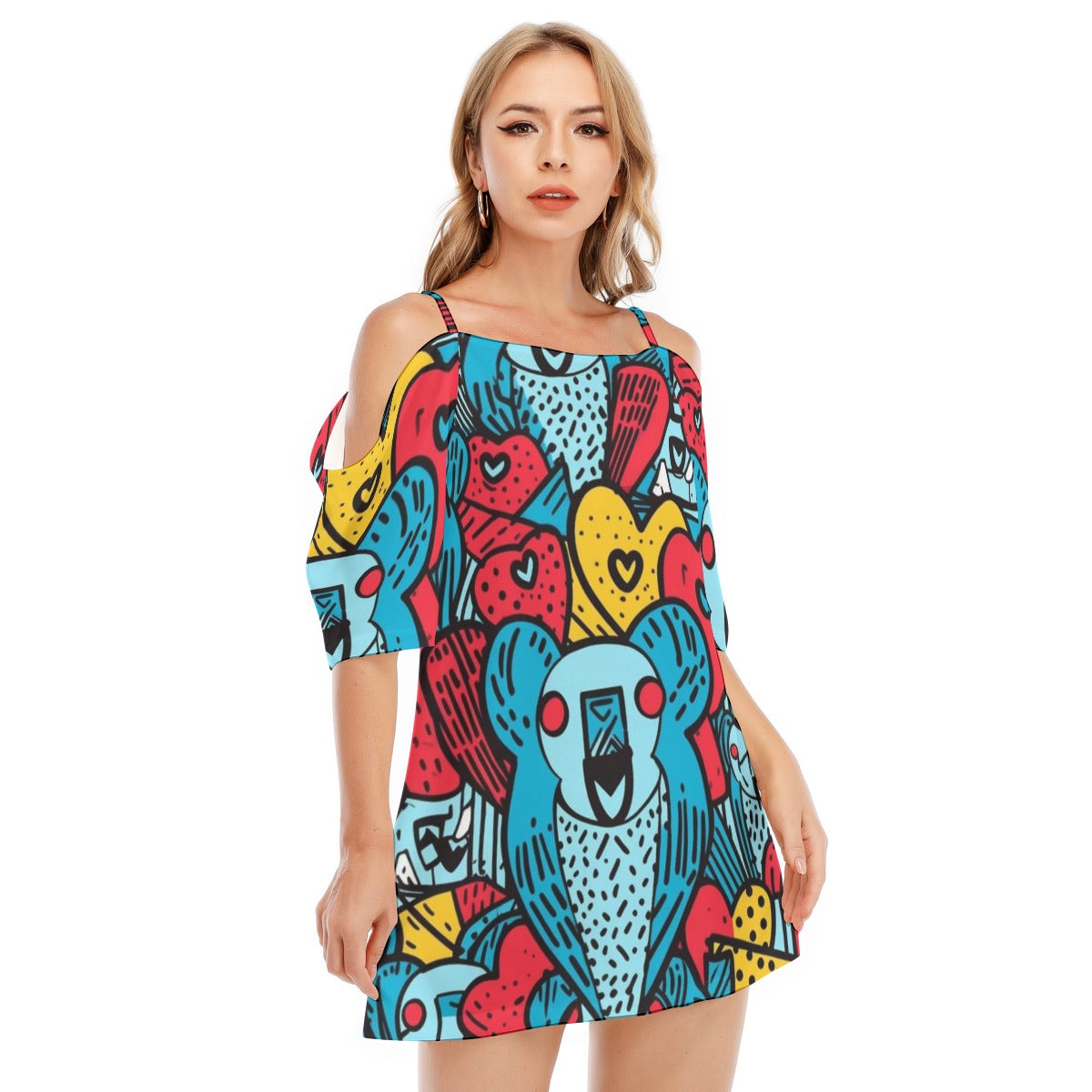 Vibrant Parrot Print Off-Shoulder Dress