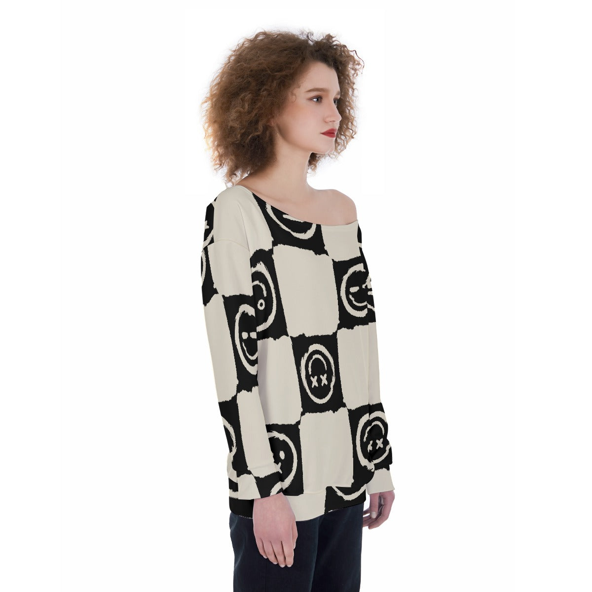 Oversized Off-Shoulder Checkerboard Sweatshirt – Abstract Print