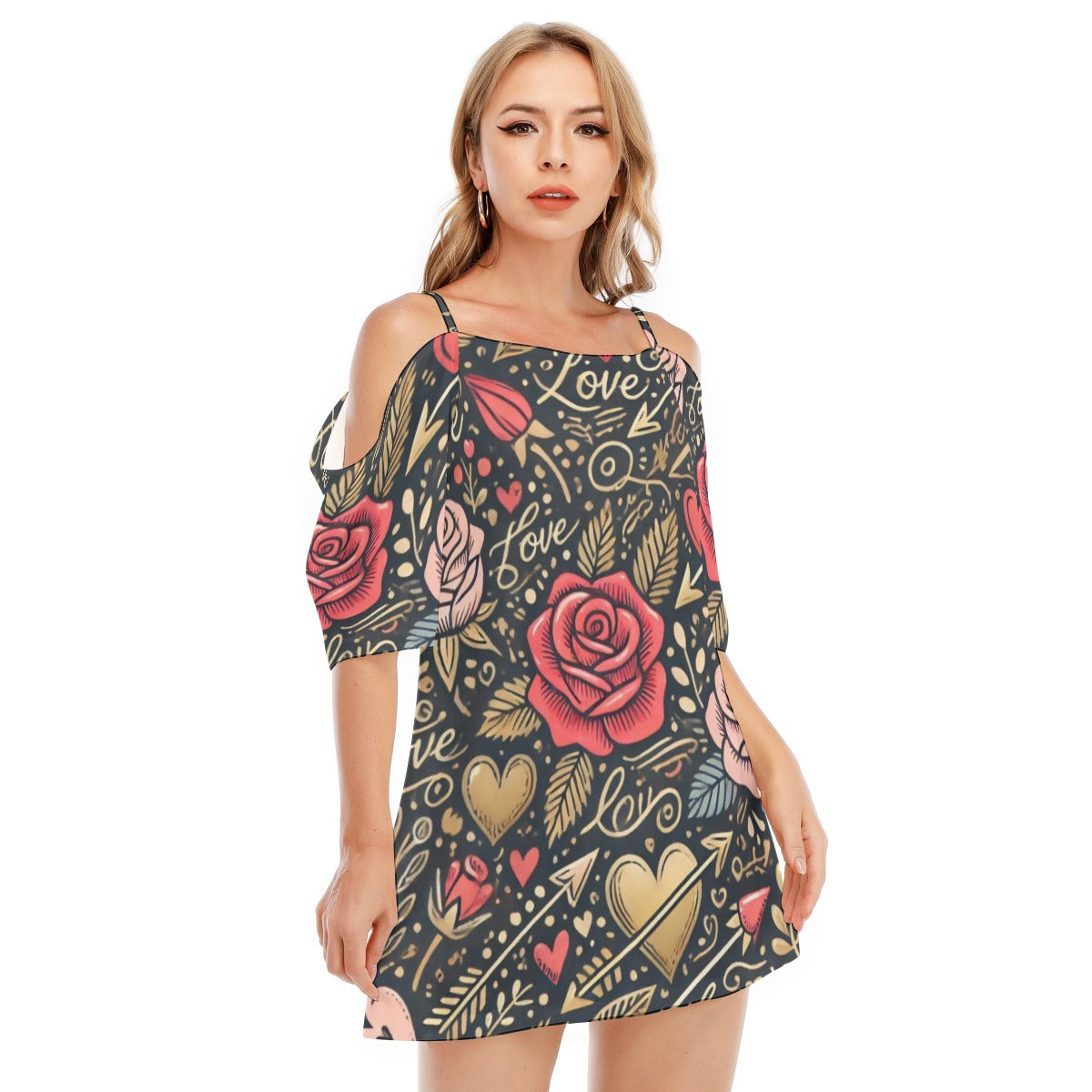 Romantic Rose Off-Shoulder Dress – Elegant & Trendy