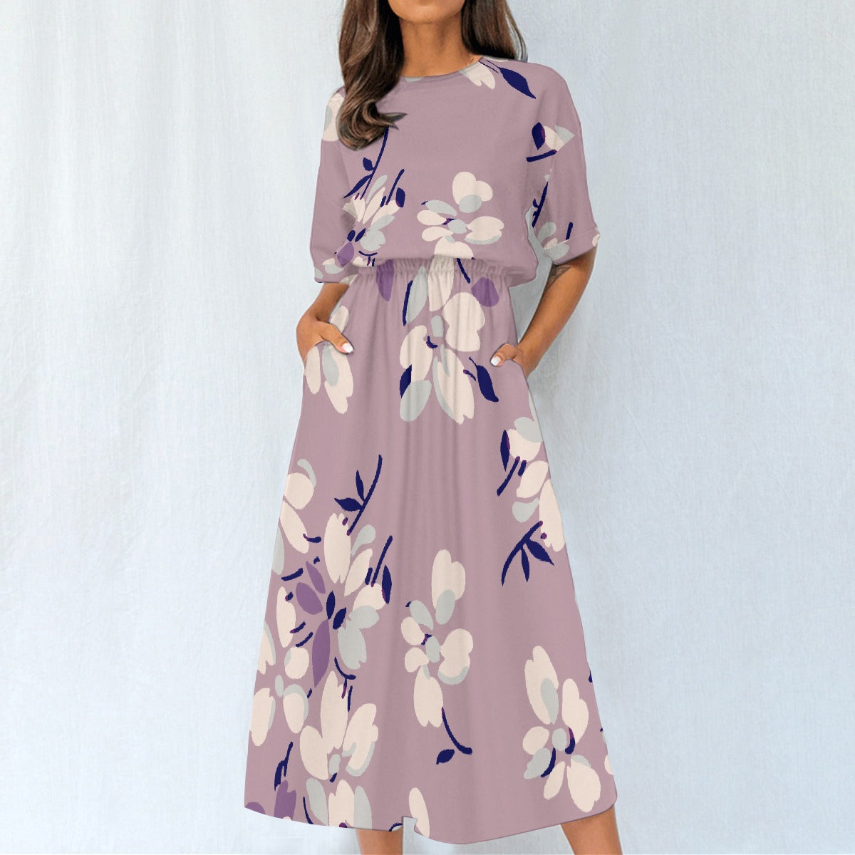 Floral Midi Dress – Elastic Waist, Pastel Purple, Casual Chic