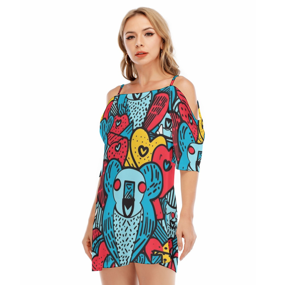 Vibrant Parrot Print Off-Shoulder Dress