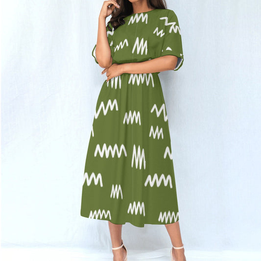 Olive Green Midi Dress - Boho Abstract Summer Style