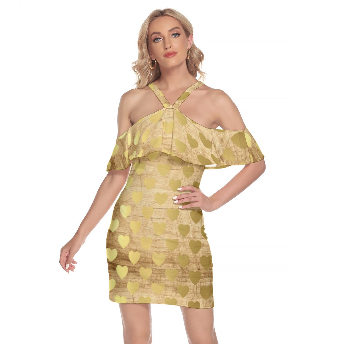 Gold Heart Off-Shoulder Ruffle Dress