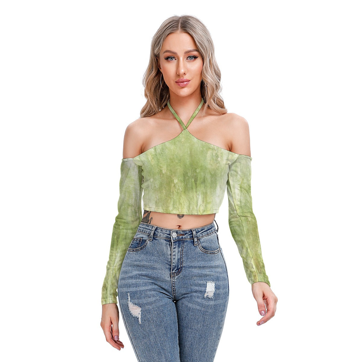 Green Tie-Dye Halter Crop Top – Off Shoulder, Trendy & Chic