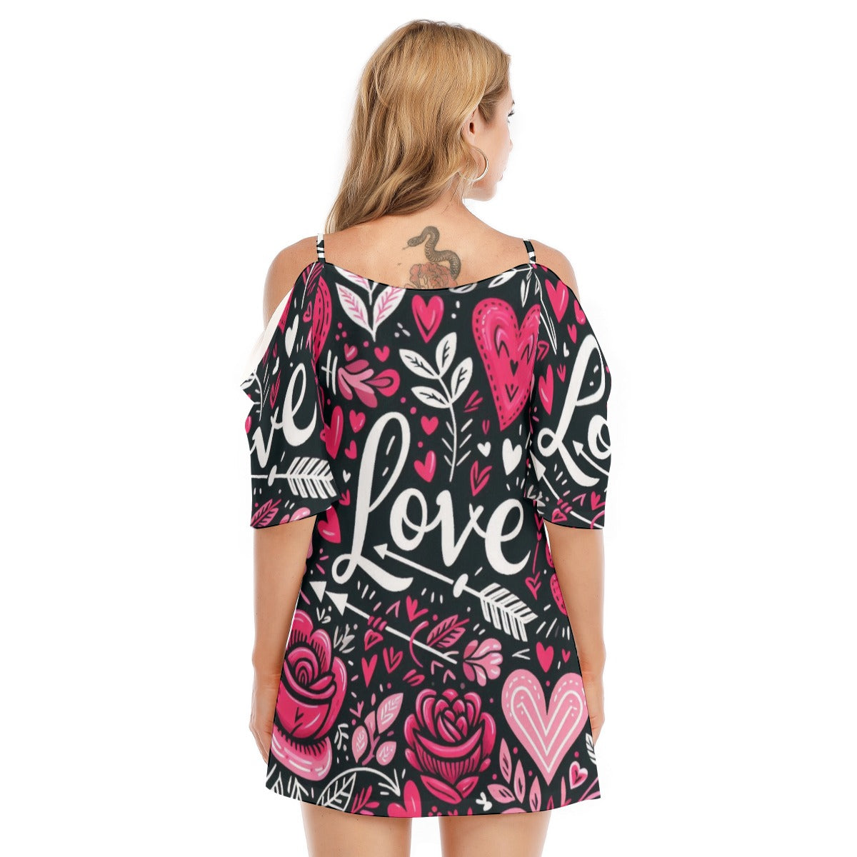 Love Print Off-Shoulder Dress – Romantic & Trendy