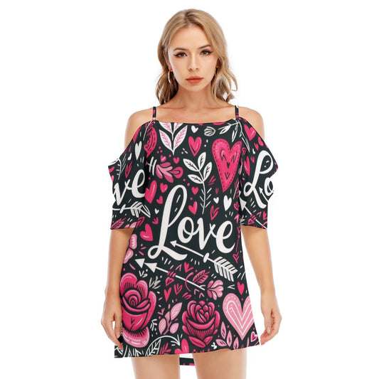 Love Print Off-Shoulder Dress – Romantic & Trendy