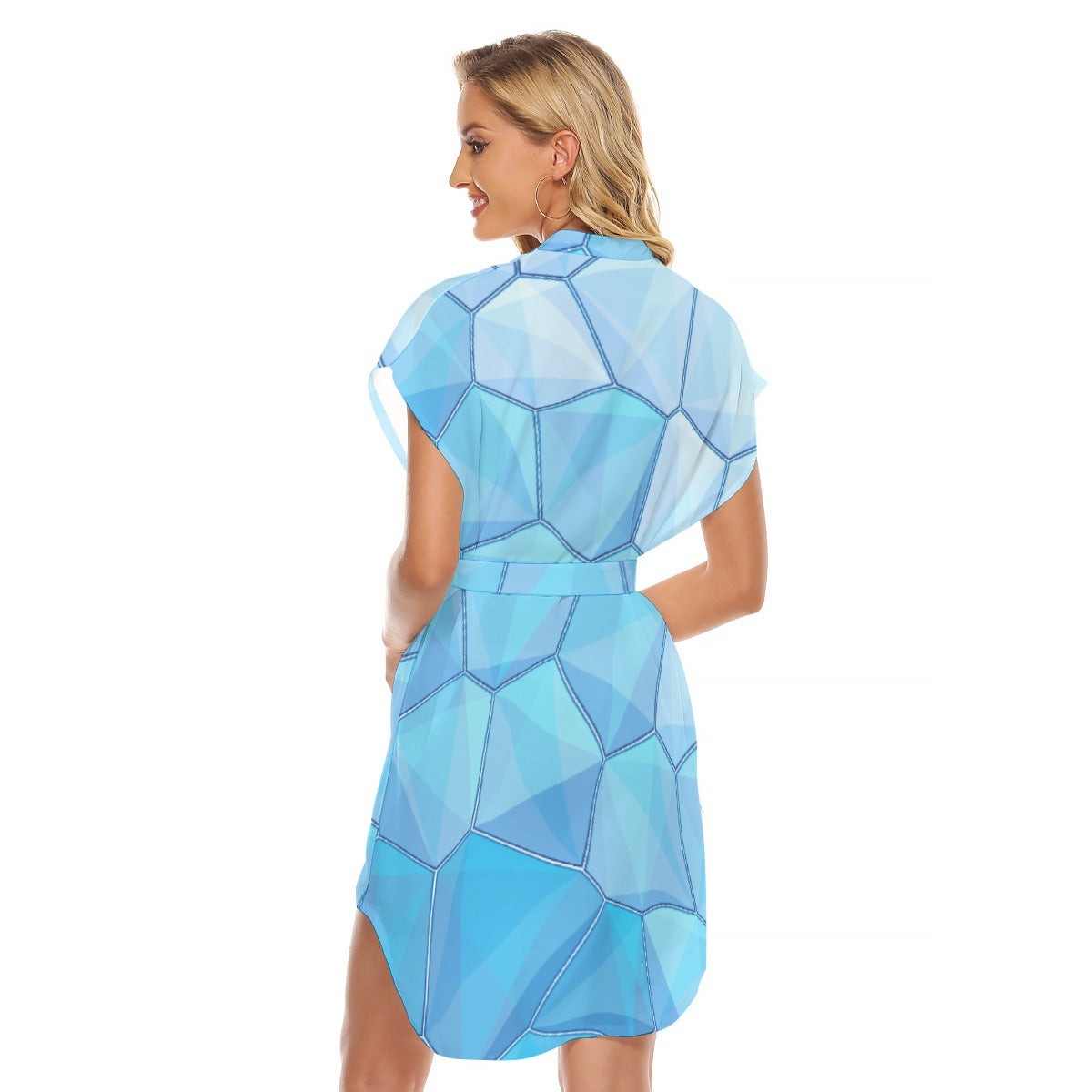 Blue Geometric Print Belted Dress – Chic Summer Outfit