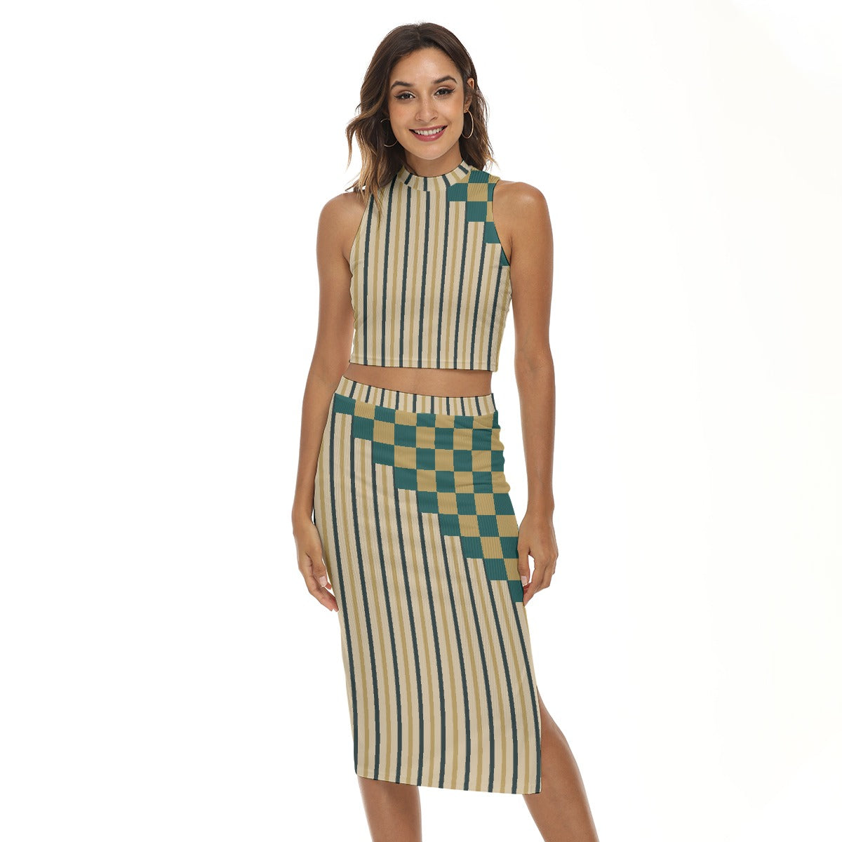 Checkered & Striped Two-Piece Set – Crop Top & High-Waist Midi Skirt