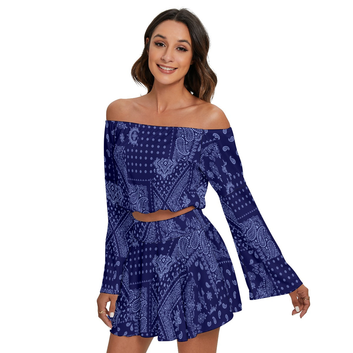 Navy Paisley Off-Shoulder Skirt Set – Boho Chic Two-Piece Outfit