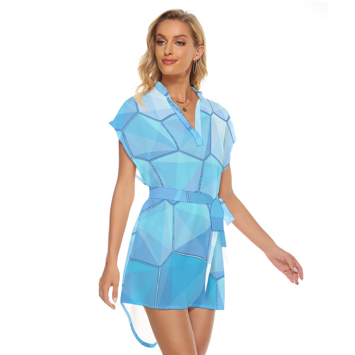 Blue Geometric Print Belted Dress – Chic Summer Outfit