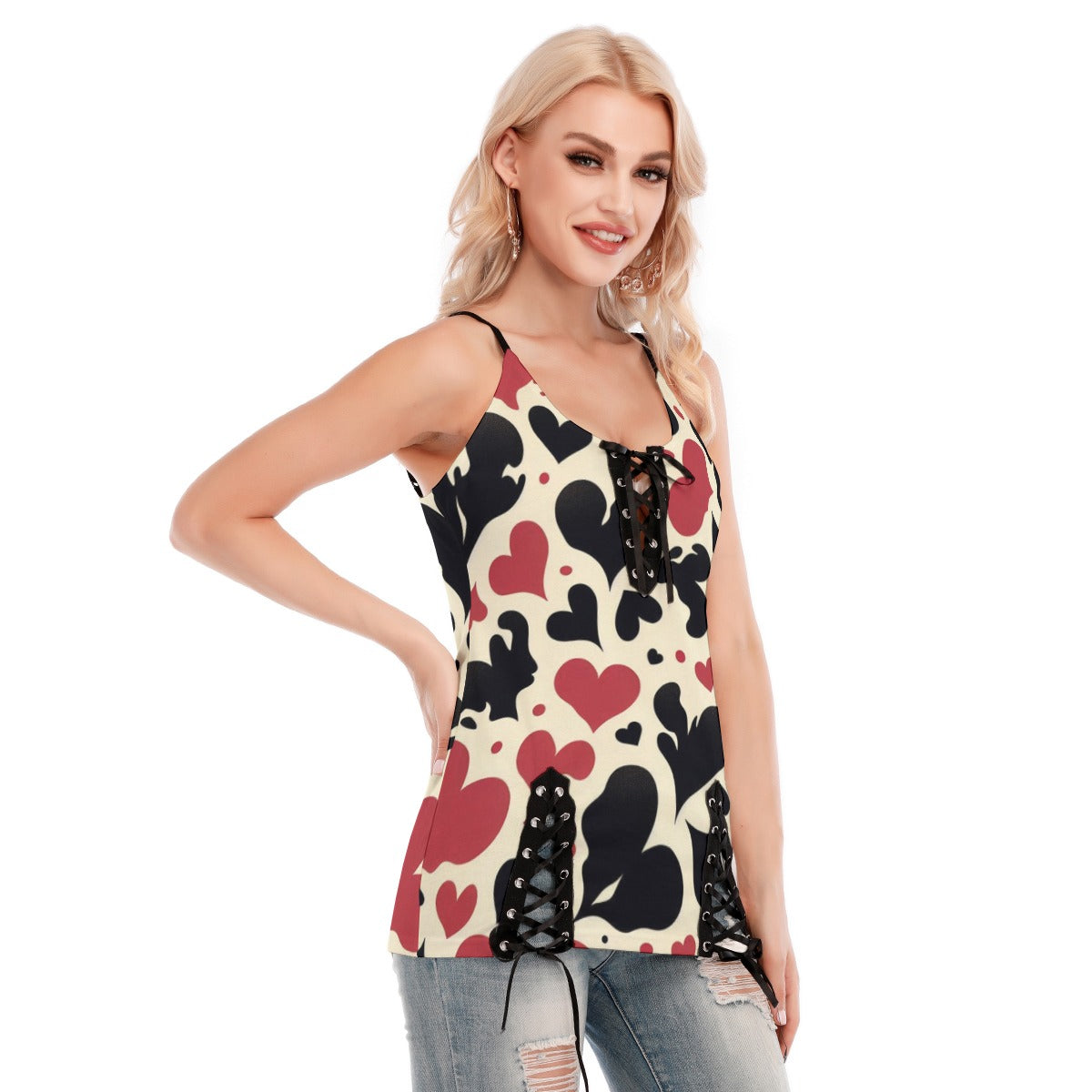 Bold Heart Print Lace-Up Cami – Romantic & Chic