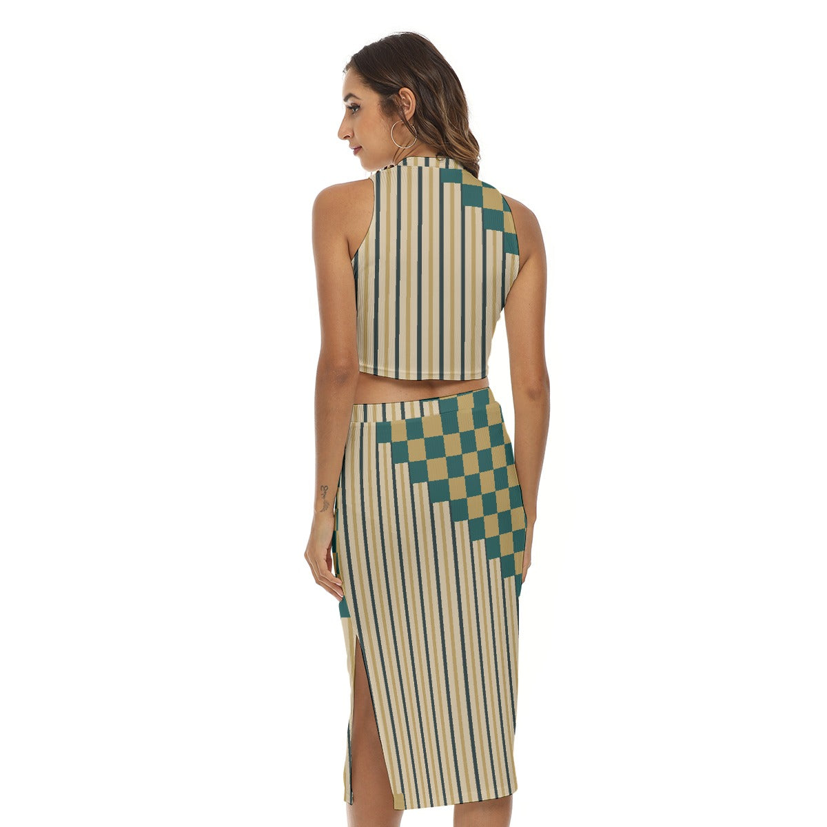 Checkered & Striped Two-Piece Set – Crop Top & High-Waist Midi Skirt