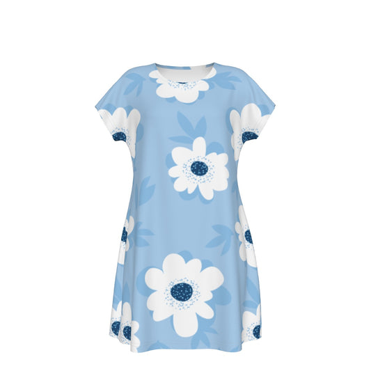 Blue Floral Short Sleeve Summer Dress