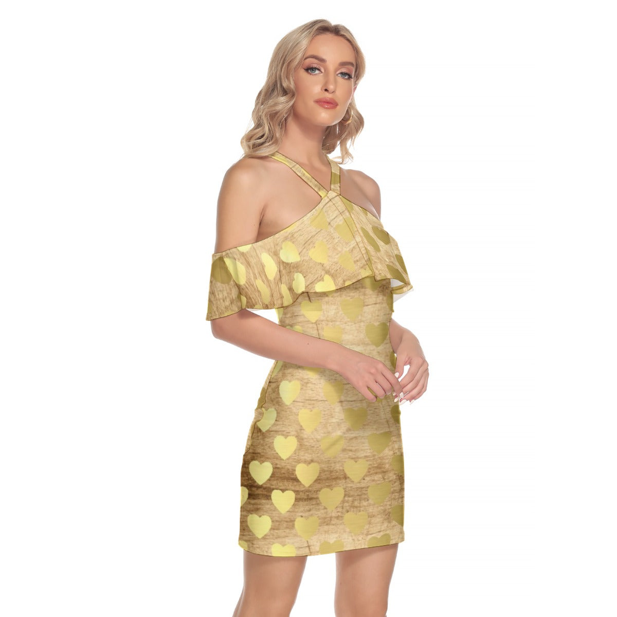 Gold Heart Off-Shoulder Ruffle Dress