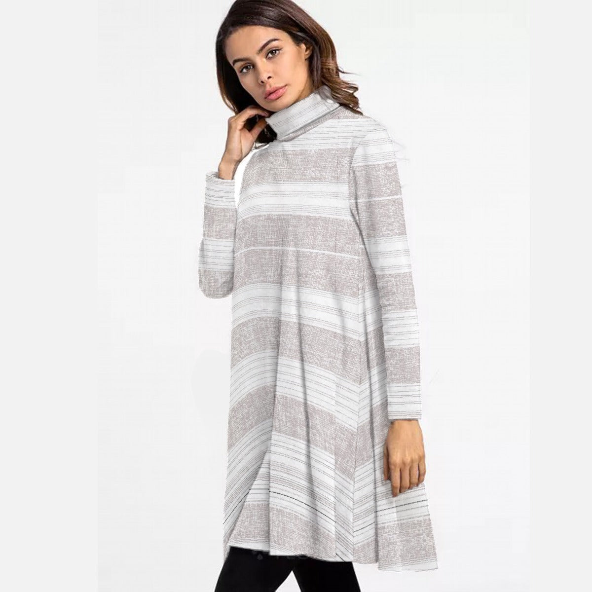 Grey Striped Turtleneck Dress – Cozy & Chic