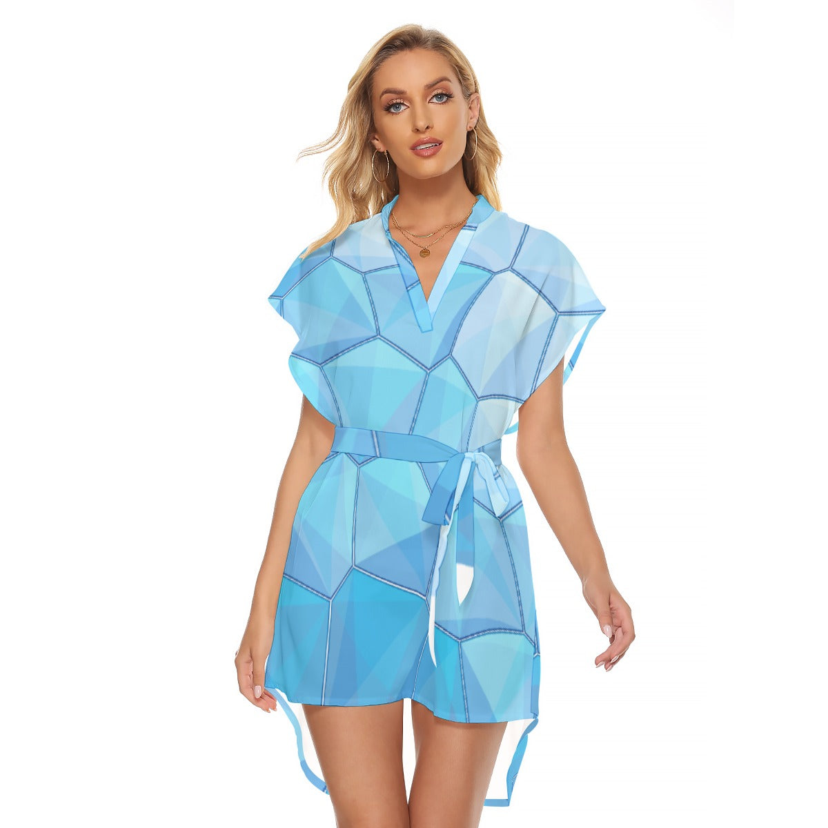 Blue Geometric Print Belted Dress – Chic Summer Outfit