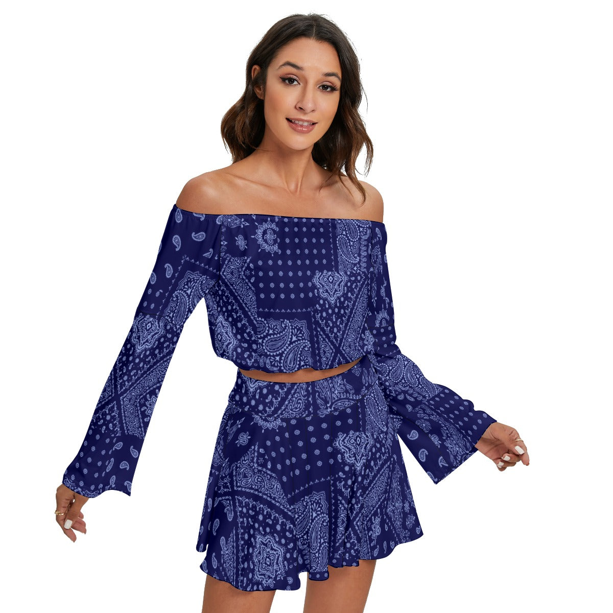 Navy Paisley Off-Shoulder Skirt Set – Boho Chic Two-Piece Outfit