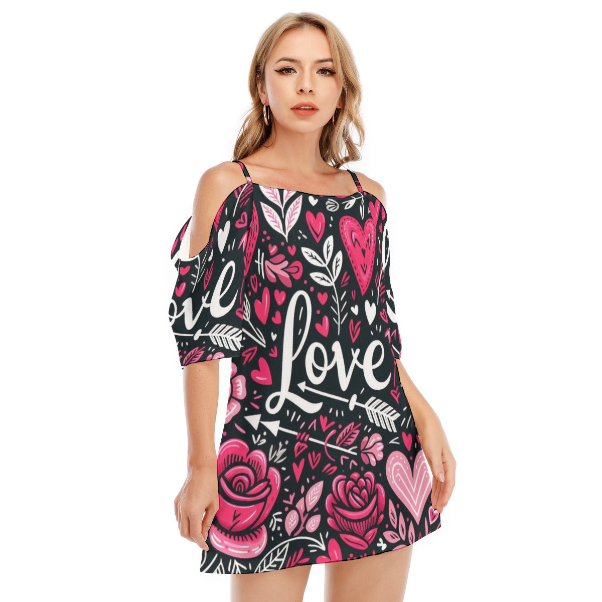 Love Print Off-Shoulder Dress – Romantic & Trendy