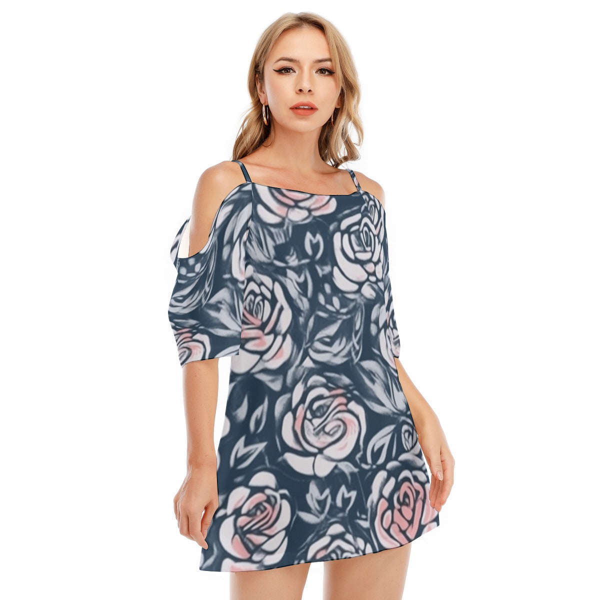 Navy Floral Off-Shoulder Dress – Elegant & Trendy