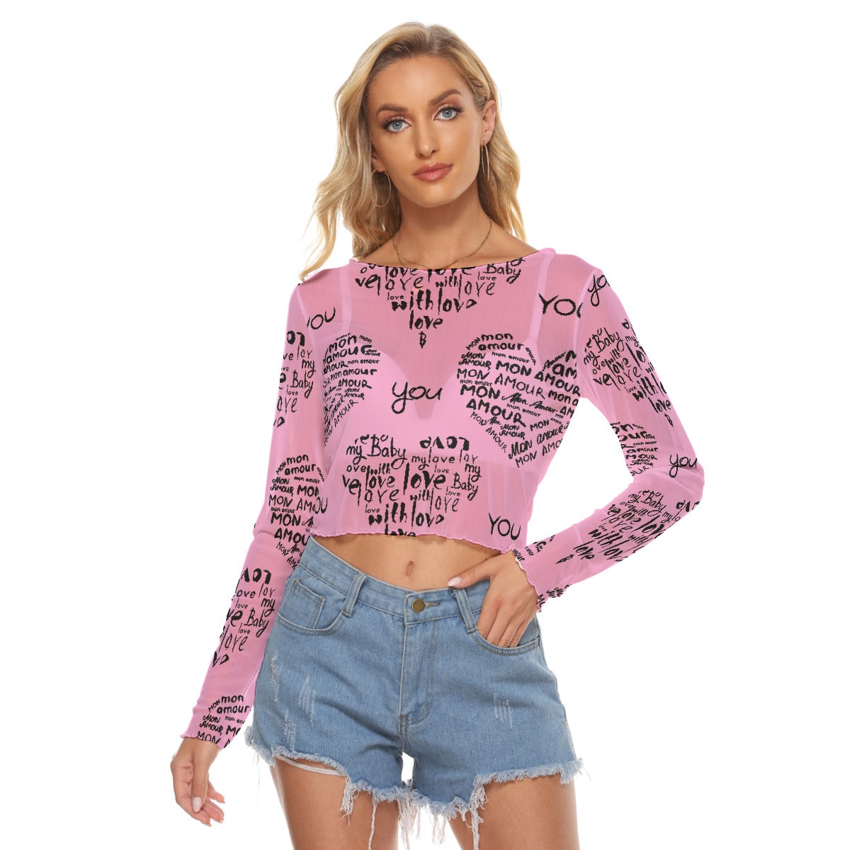 Pink Sheer Crop Top – Heart Print, Sexy Mesh, Party Wear