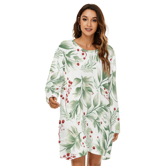 Botanical Print Loose Fit Crew Neck Dress