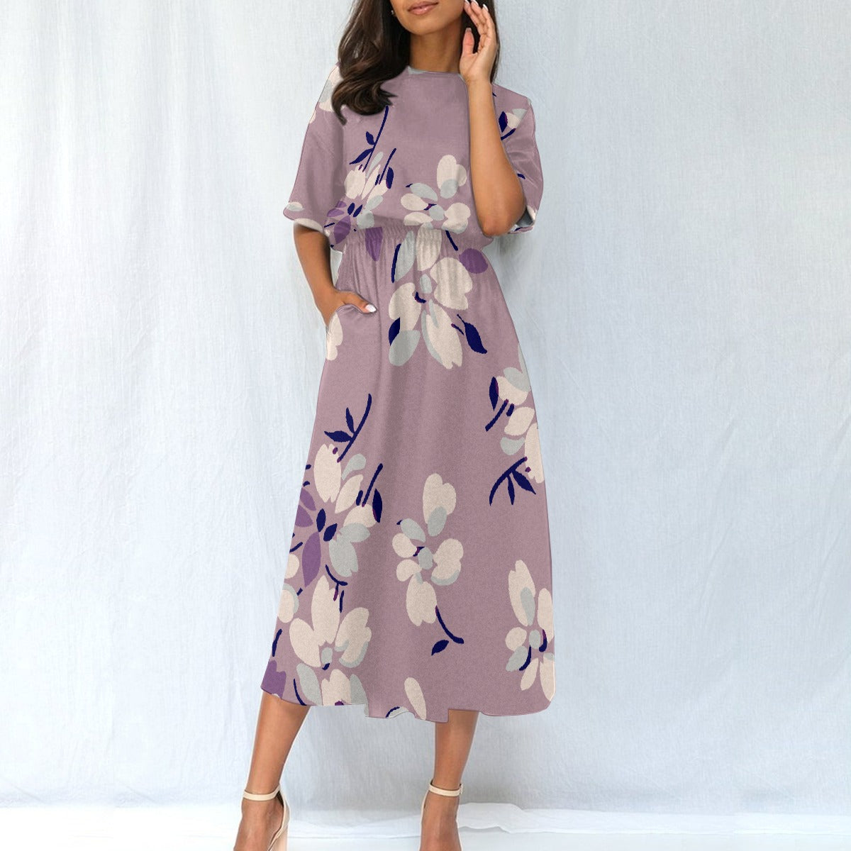 Floral Midi Dress – Elastic Waist, Pastel Purple, Casual Chic