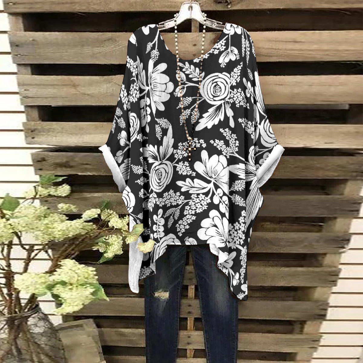 Oversized Batwing Floral Blouse – Chic Loose-Fit Top