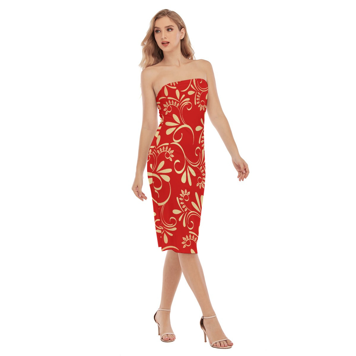 Red Floral Strapless Dress – Elegant Tube Dress with Side Slit