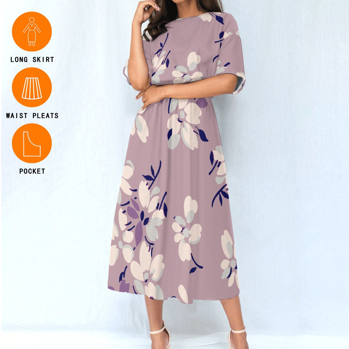 Floral Midi Dress – Elastic Waist, Pastel Purple, Casual Chic