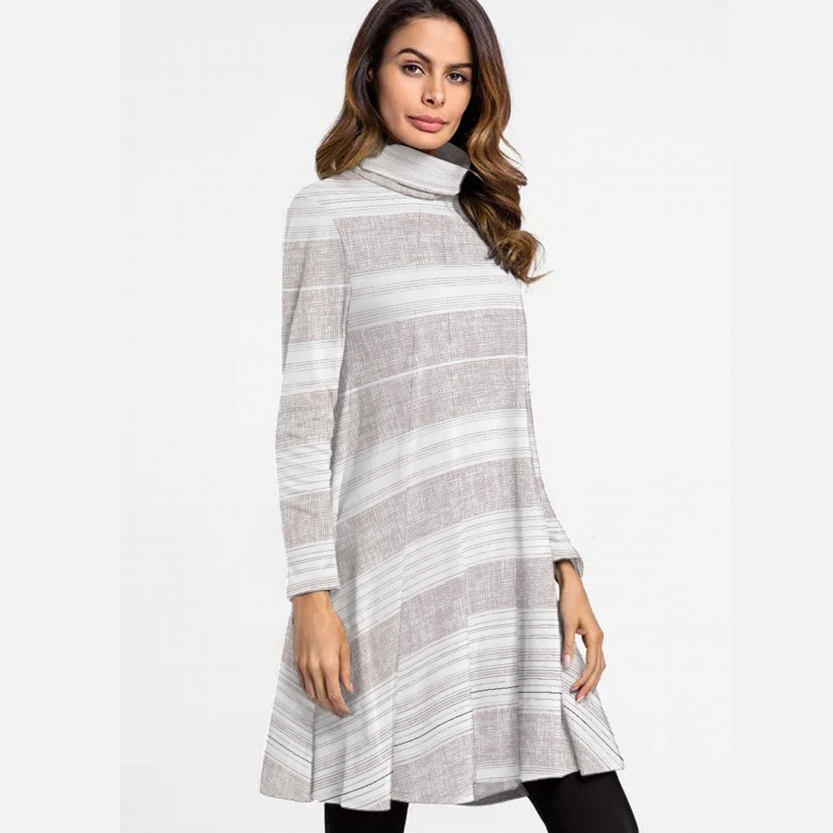 Grey Striped Turtleneck Dress – Cozy & Chic