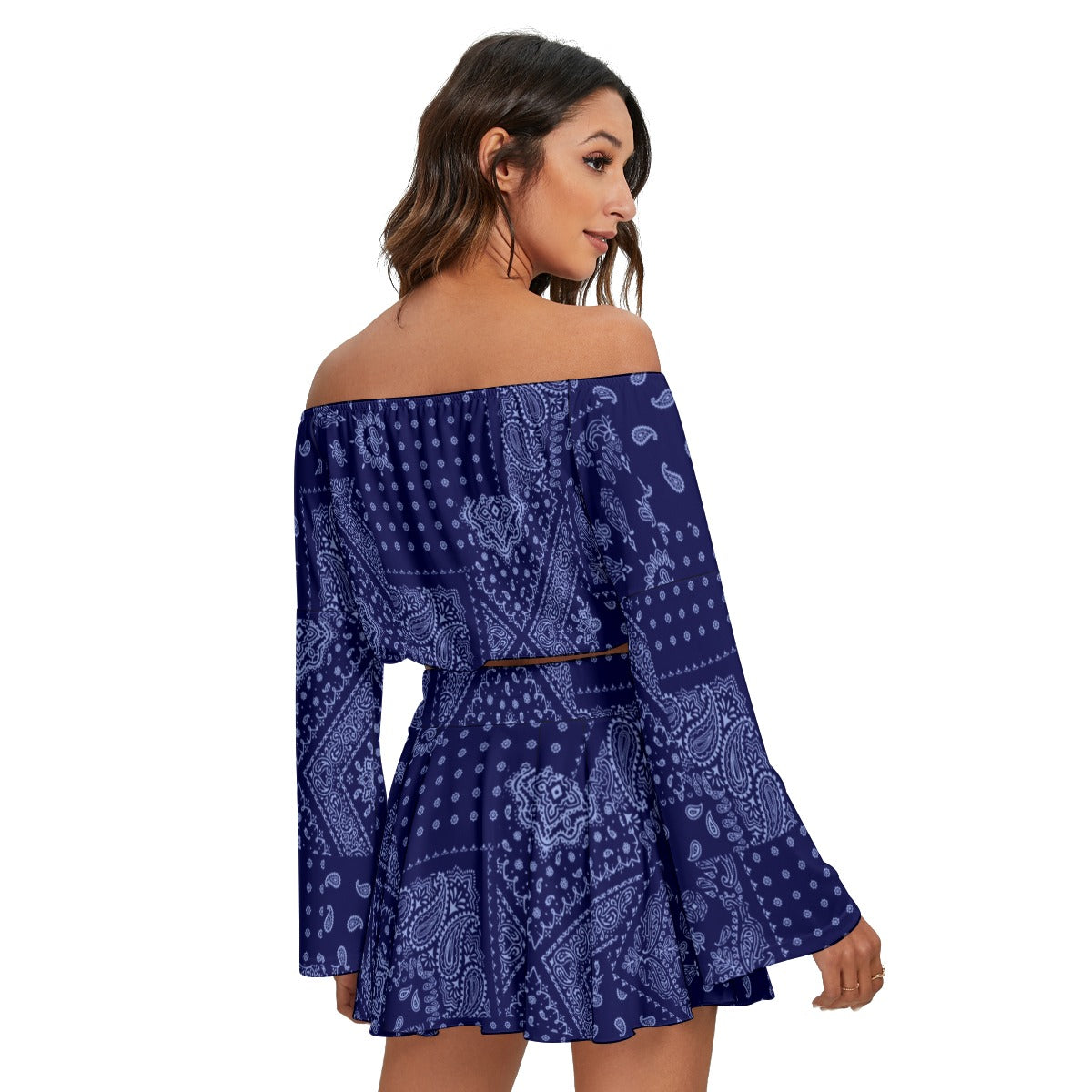 Navy Paisley Off-Shoulder Skirt Set – Boho Chic Two-Piece Outfit