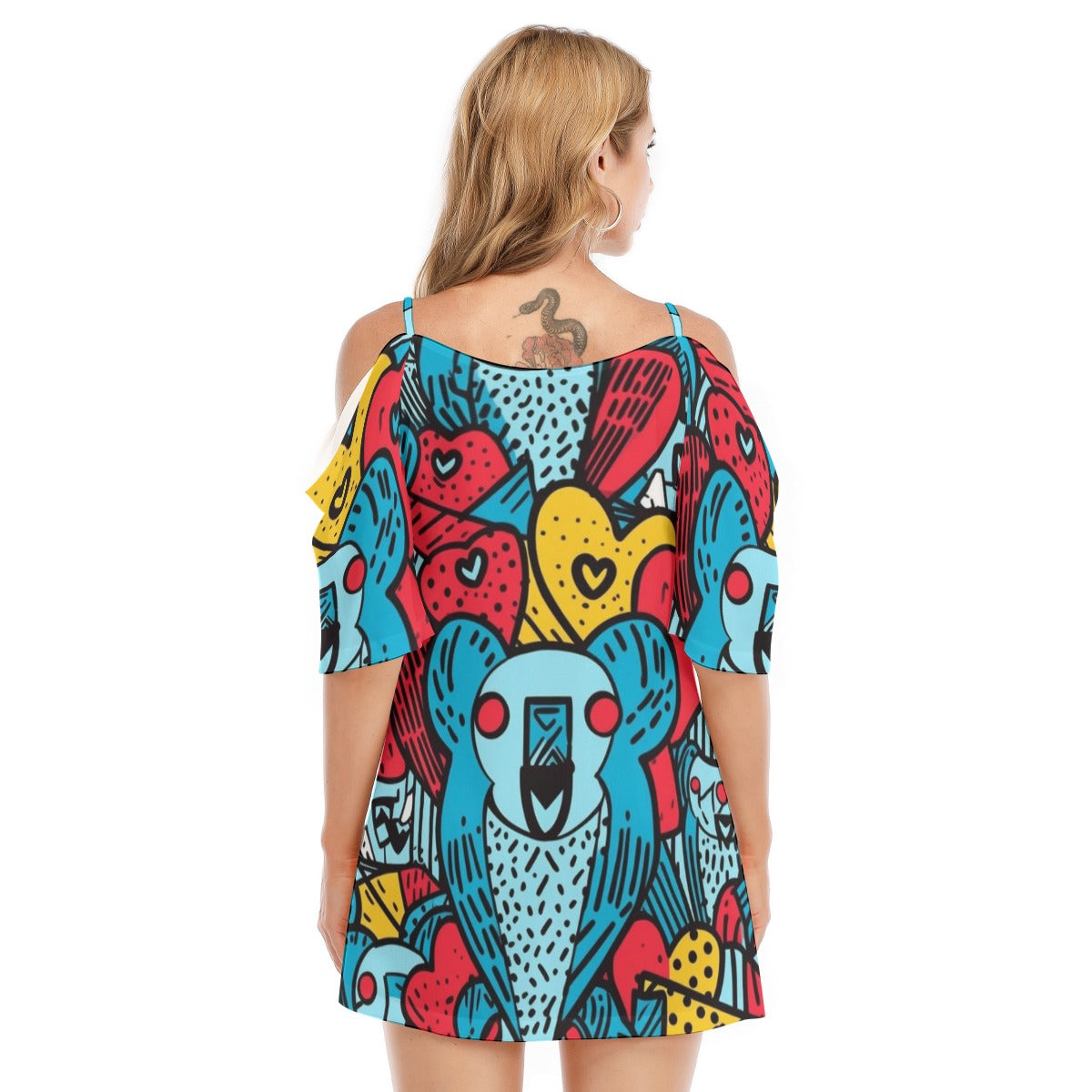 Vibrant Parrot Print Off-Shoulder Dress