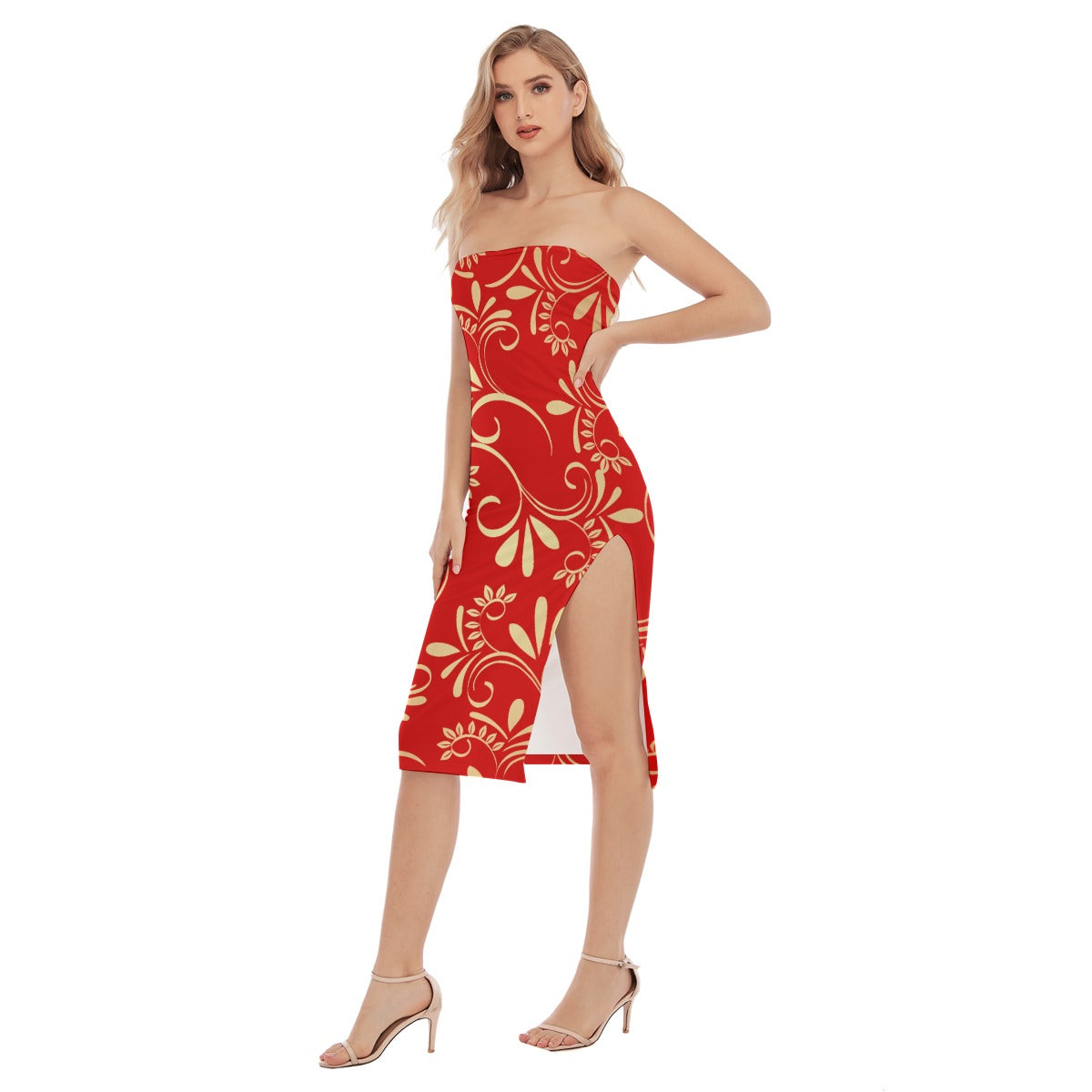 Red Floral Strapless Dress – Elegant Tube Dress with Side Slit