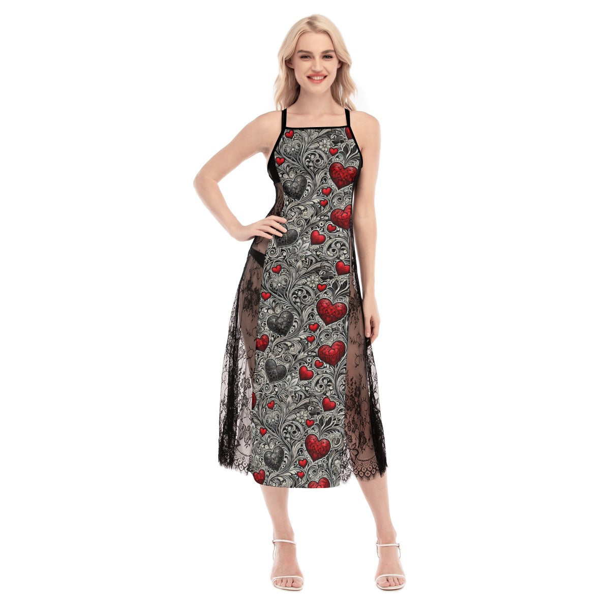 Gothic Lace Cami Dress – Red Heart Print