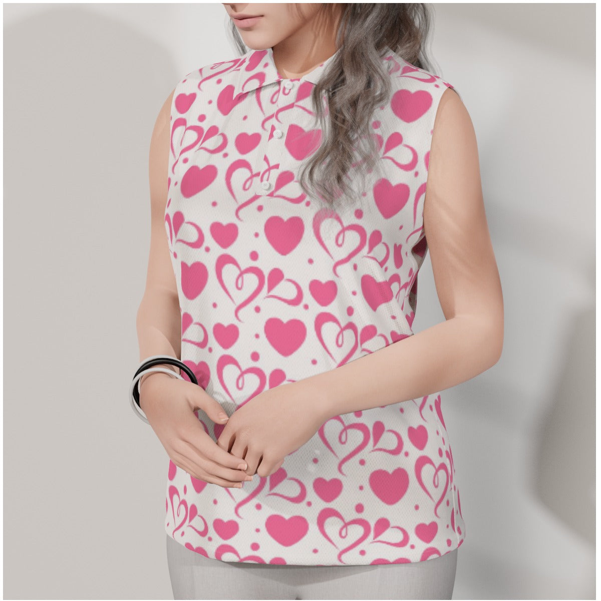 Heart Print Sleeveless Polo Shirt Top